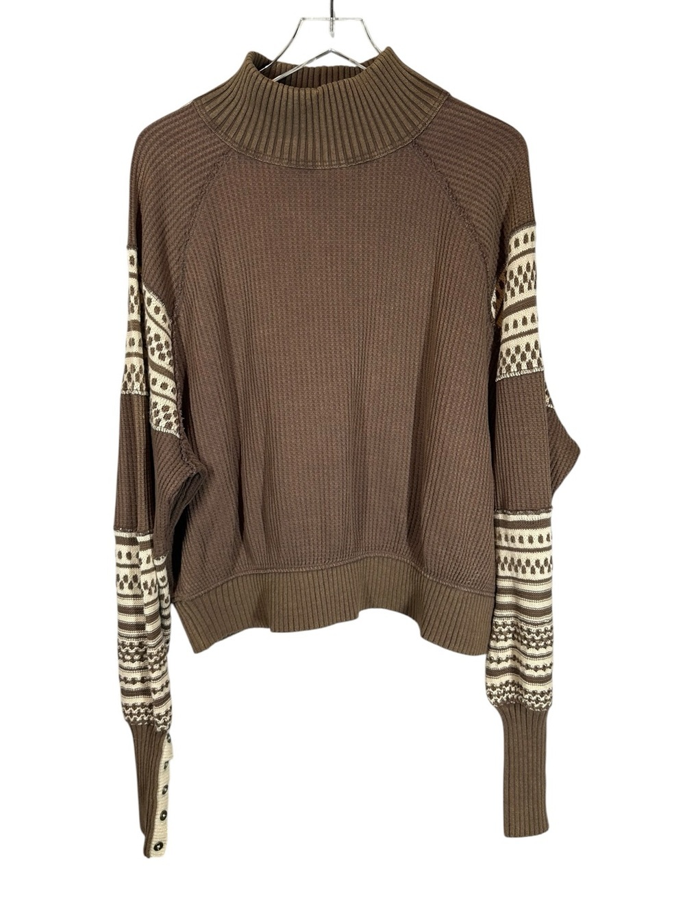 WE THE FREE Medium Waffle Knit Mock Neck Sweater with Patterned Sleeves - Brown
